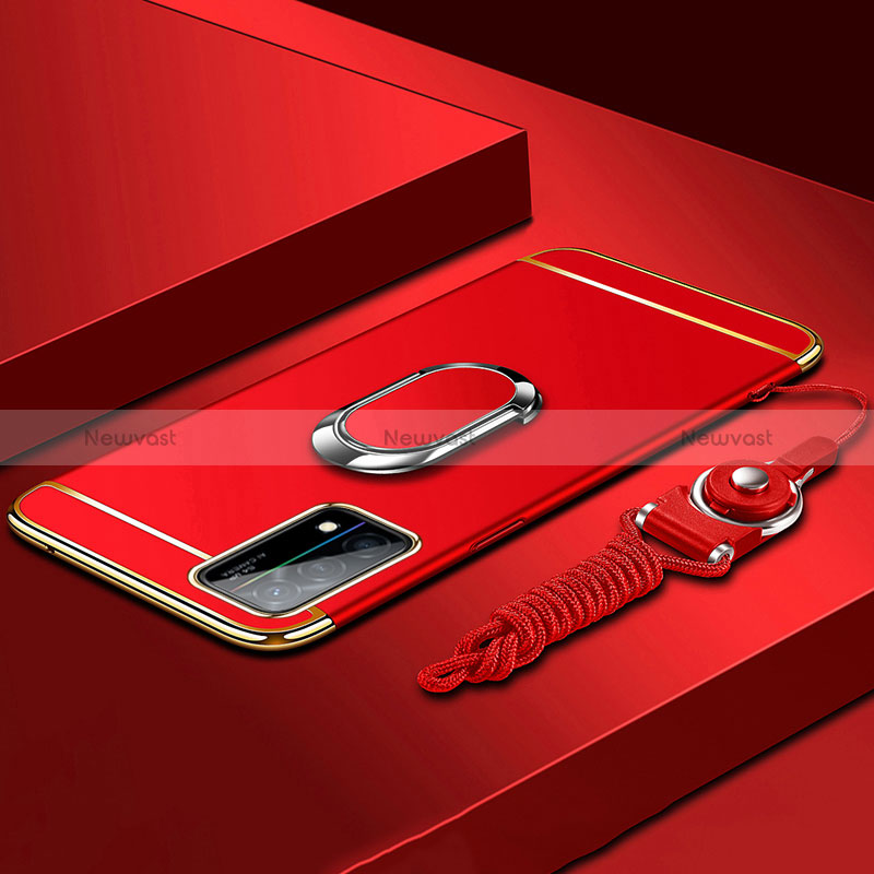 Luxury Metal Frame and Plastic Back Cover Case with Finger Ring Stand and Lanyard for Oppo K9 5G