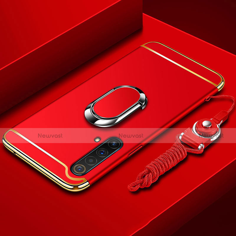 Luxury Metal Frame and Plastic Back Cover Case with Finger Ring Stand and Lanyard for Realme X3 SuperZoom Red
