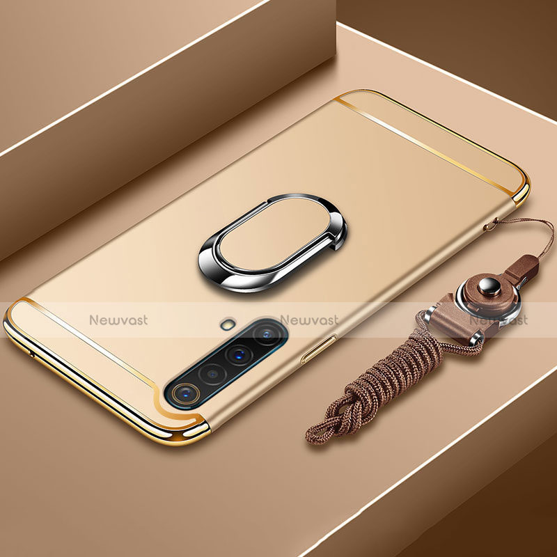Luxury Metal Frame and Plastic Back Cover Case with Finger Ring Stand and Lanyard for Realme X50 5G Gold