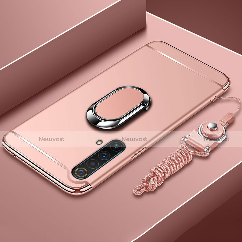 Luxury Metal Frame and Plastic Back Cover Case with Finger Ring Stand and Lanyard for Realme X50 5G Rose Gold
