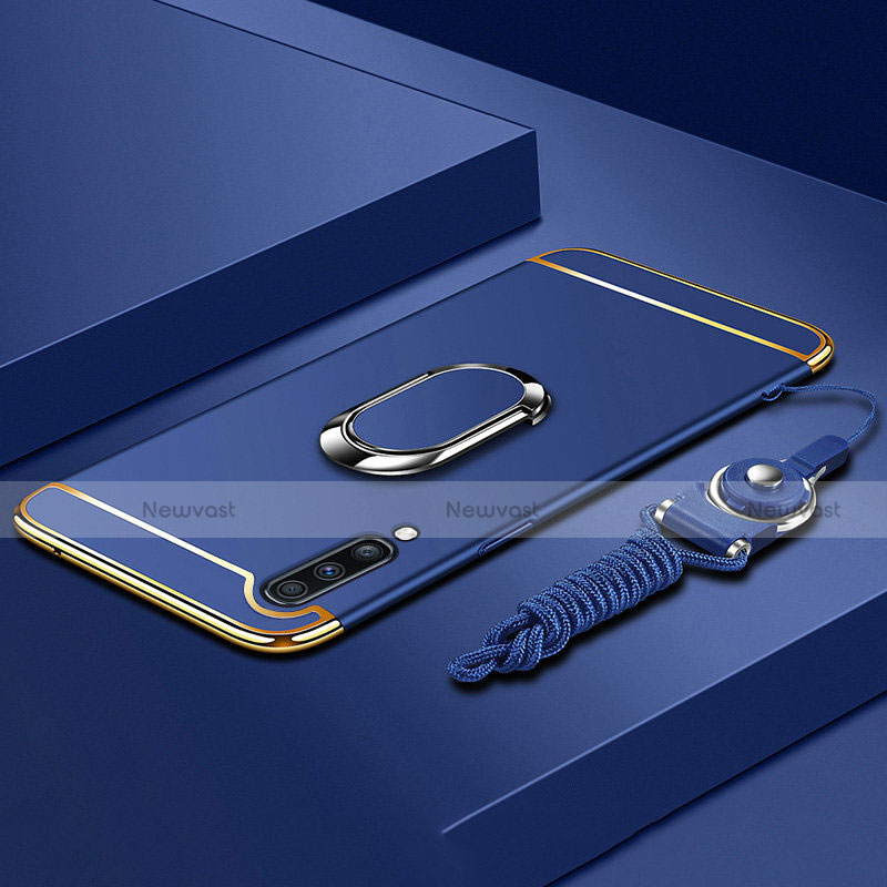 Luxury Metal Frame and Plastic Back Cover Case with Finger Ring Stand and Lanyard for Samsung Galaxy A70 Blue