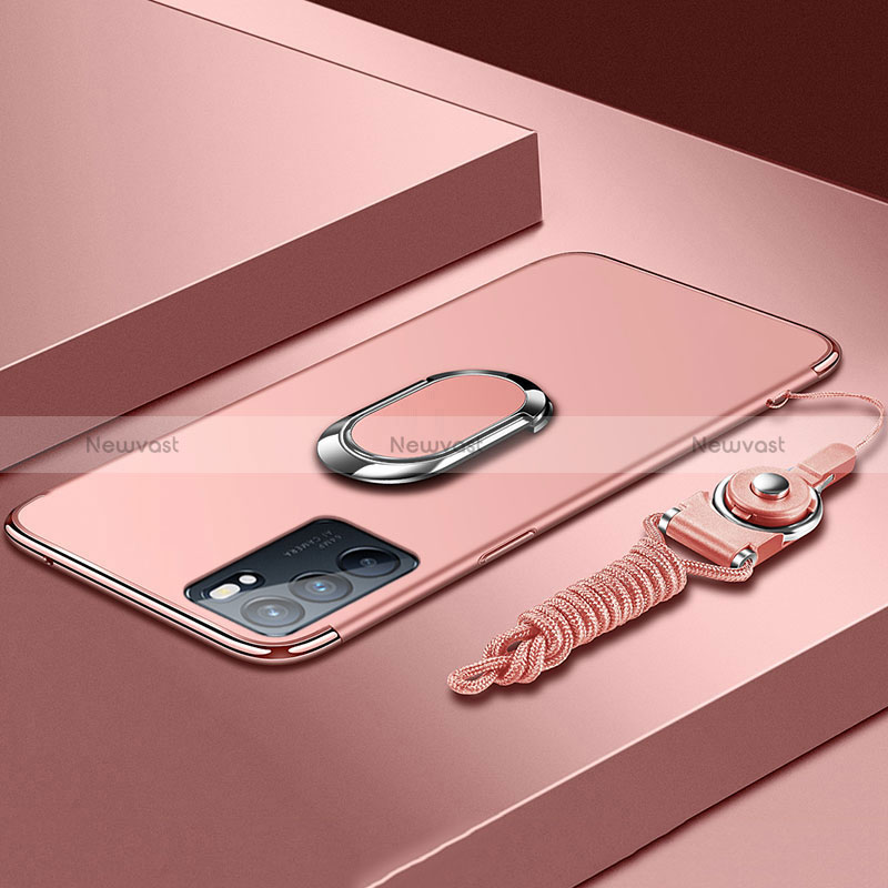 Luxury Metal Frame and Plastic Back Cover Case with Finger Ring Stand for Oppo Reno6 5G