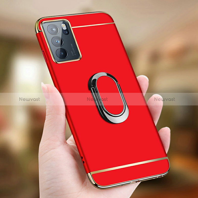 Luxury Metal Frame and Plastic Back Cover Case with Finger Ring Stand for Oppo Reno6 5G