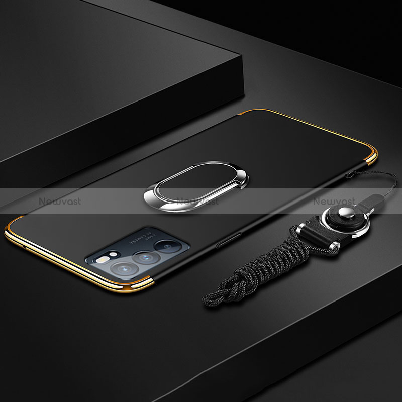 Luxury Metal Frame and Plastic Back Cover Case with Finger Ring Stand for Oppo Reno6 5G Black