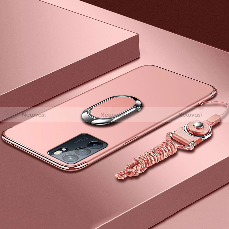 Luxury Metal Frame and Plastic Back Cover Case with Finger Ring Stand for Oppo Reno6 5G Rose Gold