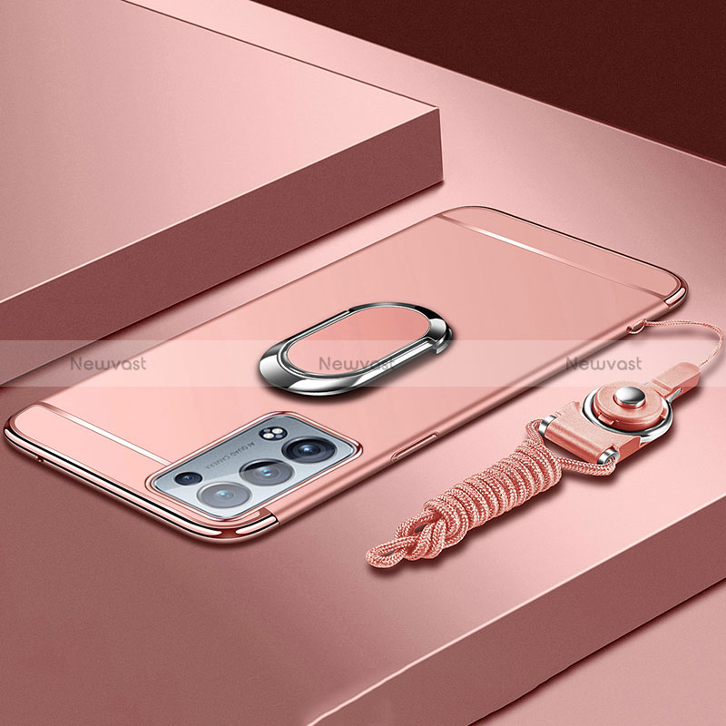 Luxury Metal Frame and Plastic Back Cover Case with Finger Ring Stand for Oppo Reno6 Pro 5G