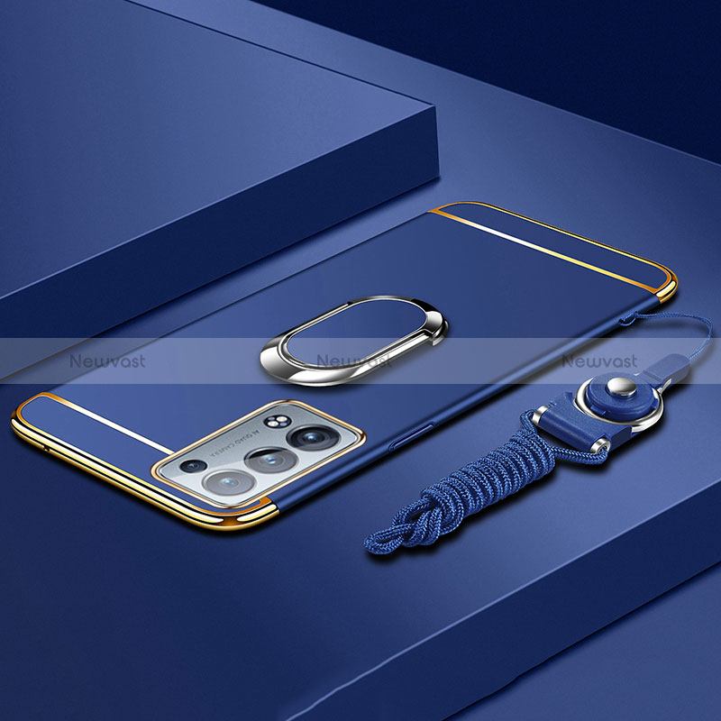 Luxury Metal Frame and Plastic Back Cover Case with Finger Ring Stand for Oppo Reno6 Pro 5G Blue