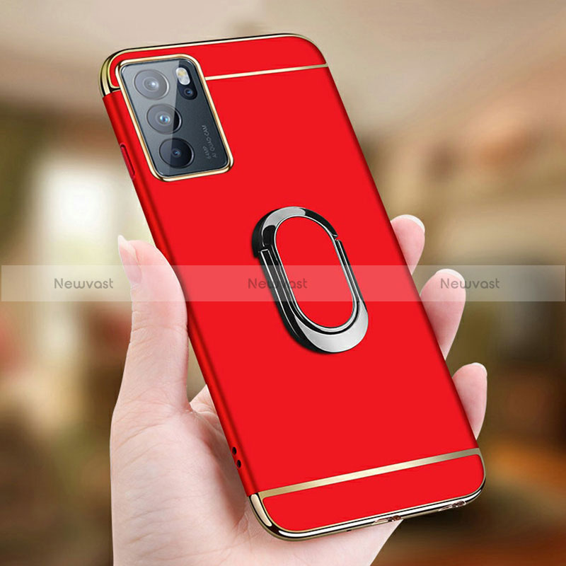 Luxury Metal Frame and Plastic Back Cover Case with Finger Ring Stand for Oppo Reno6 Pro 5G India
