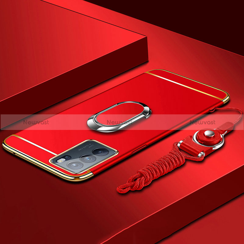 Luxury Metal Frame and Plastic Back Cover Case with Finger Ring Stand for Oppo Reno6 Pro 5G India Red