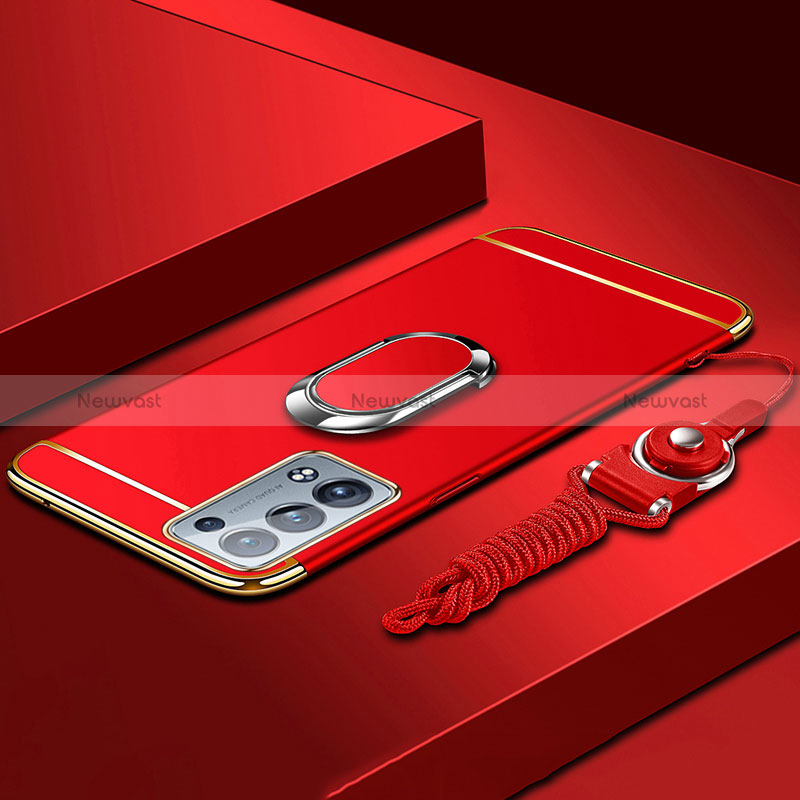 Luxury Metal Frame and Plastic Back Cover Case with Finger Ring Stand for Oppo Reno6 Pro 5G Red