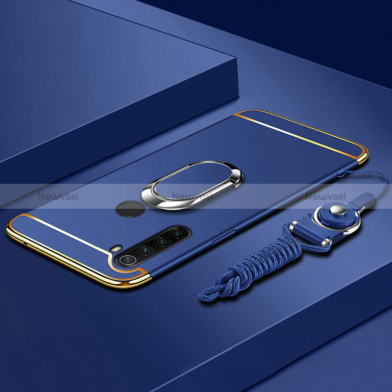 Luxury Metal Frame and Plastic Back Cover Case with Finger Ring Stand K01 for Xiaomi Redmi Note 8 (2021) Blue