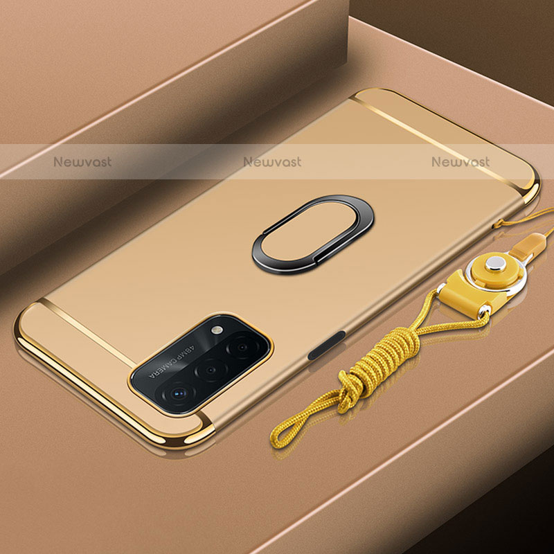 Luxury Metal Frame and Plastic Back Cover Case with Finger Ring Stand P01 for OnePlus Nord N200 5G Gold