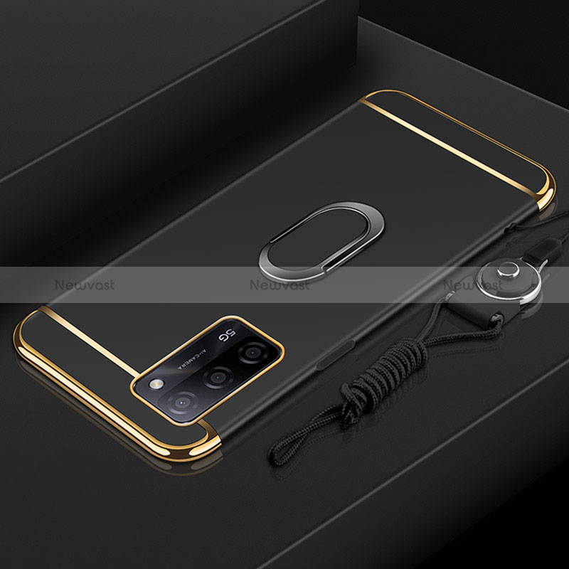 Luxury Metal Frame and Plastic Back Cover Case with Finger Ring Stand P01 for Oppo A56 5G