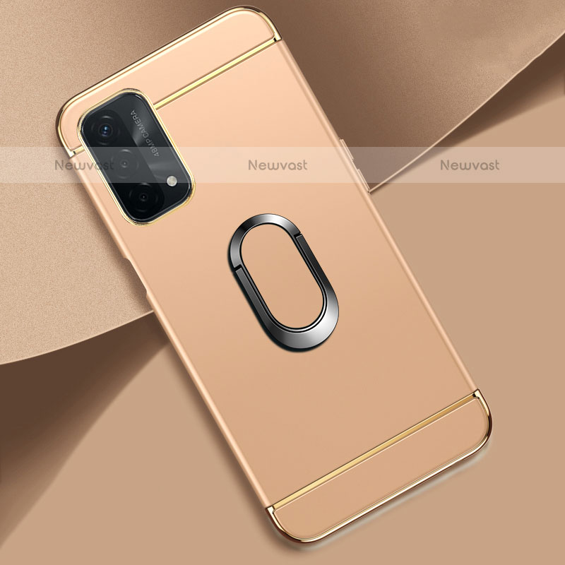Luxury Metal Frame and Plastic Back Cover Case with Finger Ring Stand P02 for OnePlus Nord N200 5G Gold