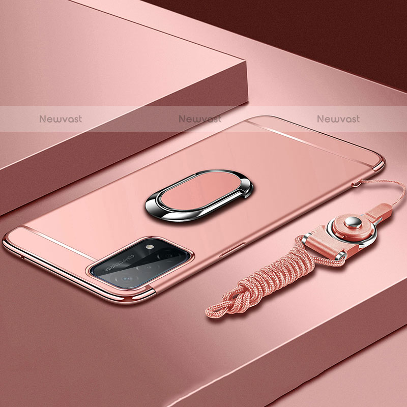 Luxury Metal Frame and Plastic Back Cover Case with Finger Ring Stand P03 for OnePlus Nord N200 5G Rose Gold