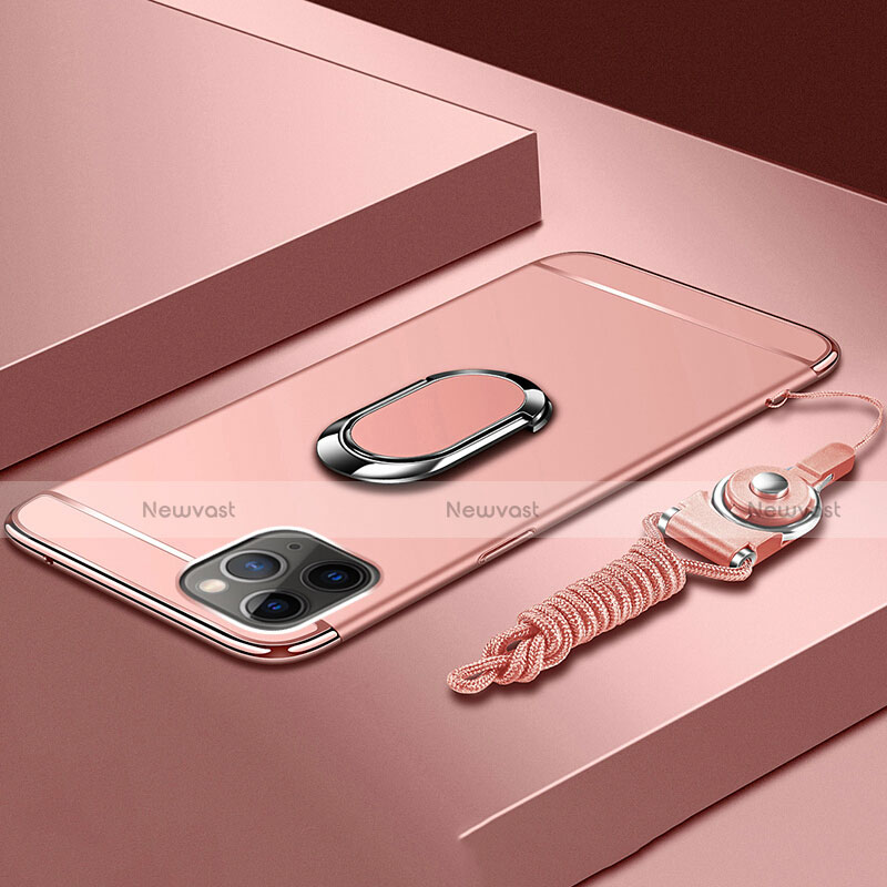 Luxury Metal Frame and Plastic Back Cover Case with Finger Ring Stand T01 for Apple iPhone 11 Pro Max Rose Gold