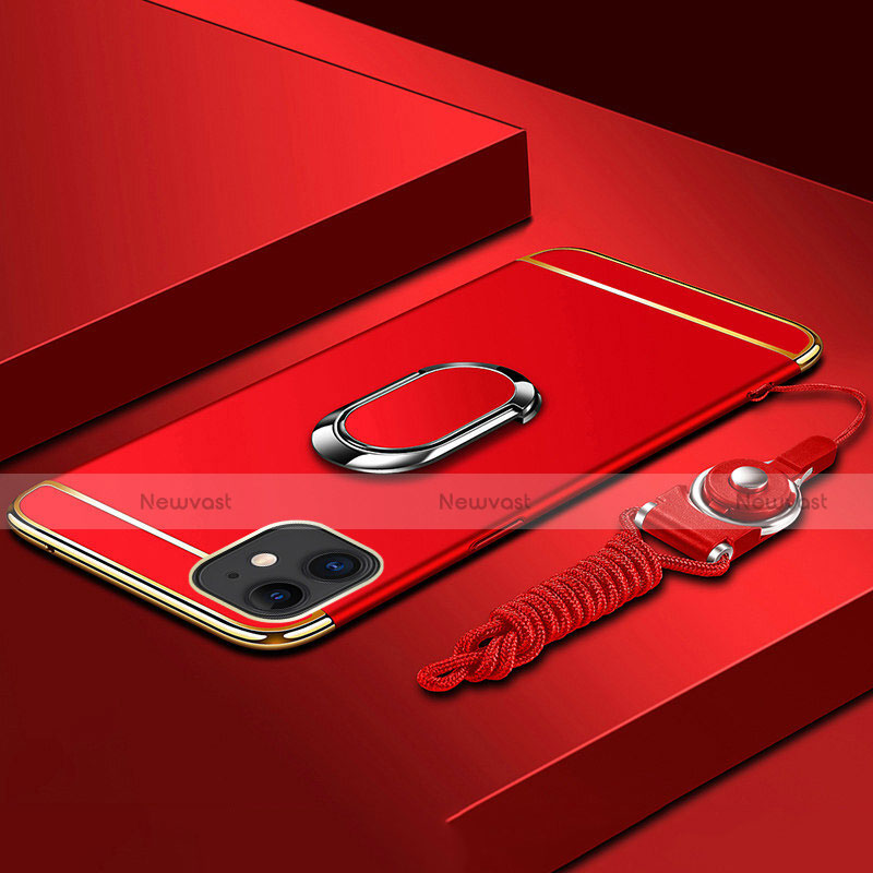 Luxury Metal Frame and Plastic Back Cover Case with Finger Ring Stand T01 for Apple iPhone 11 Red