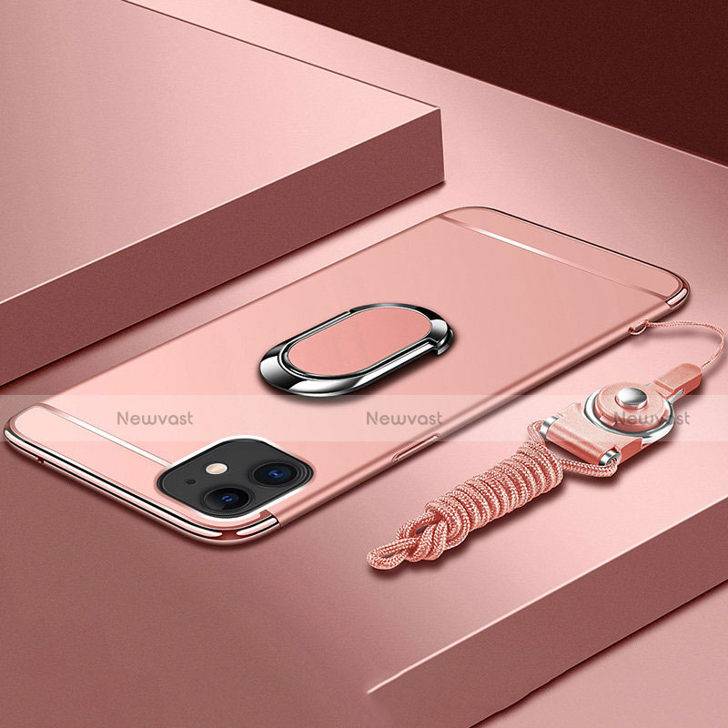 Luxury Metal Frame and Plastic Back Cover Case with Finger Ring Stand T01 for Apple iPhone 11 Rose Gold