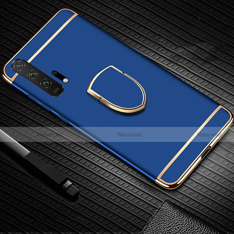 Luxury Metal Frame and Plastic Back Cover Case with Finger Ring Stand T01 for Huawei Honor 20 Pro Blue