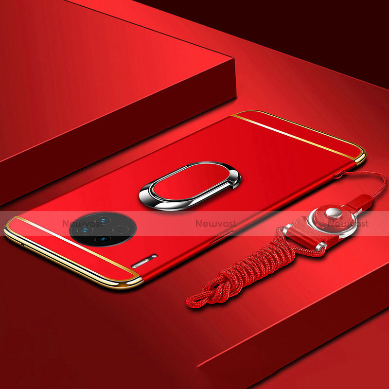 Luxury Metal Frame and Plastic Back Cover Case with Finger Ring Stand T01 for Huawei Mate 30E Pro 5G Red