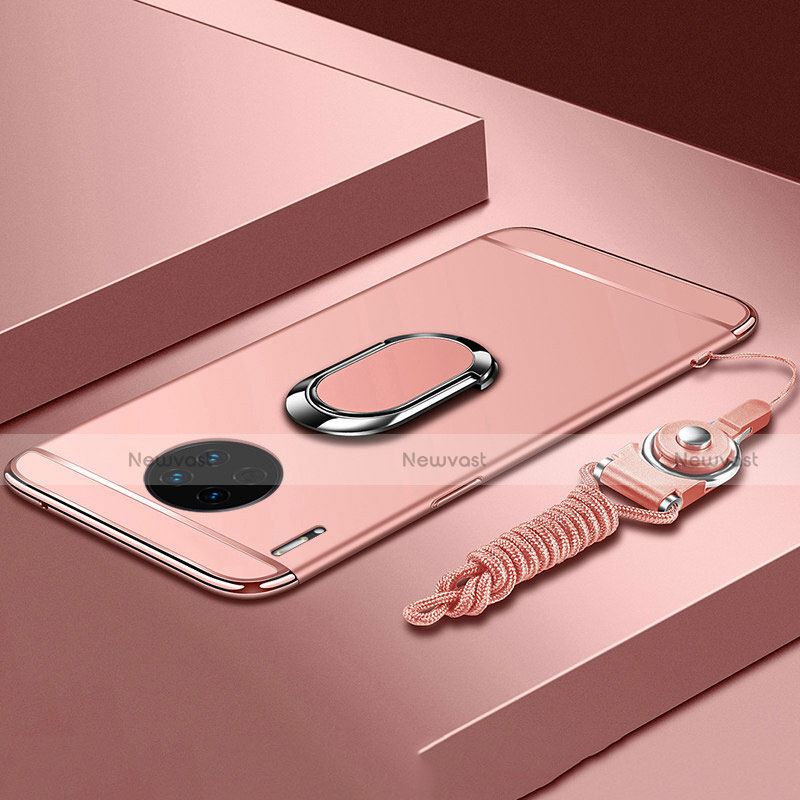 Luxury Metal Frame and Plastic Back Cover Case with Finger Ring Stand T01 for Huawei Mate 30E Pro 5G Rose Gold