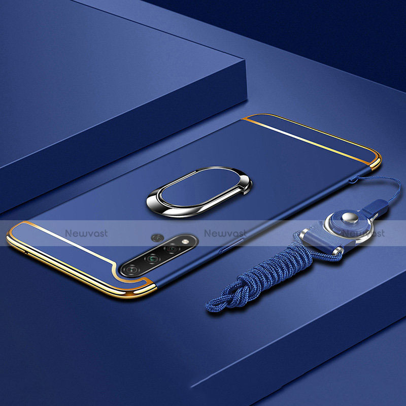 Luxury Metal Frame and Plastic Back Cover Case with Finger Ring Stand T01 for Huawei Nova 5 Blue