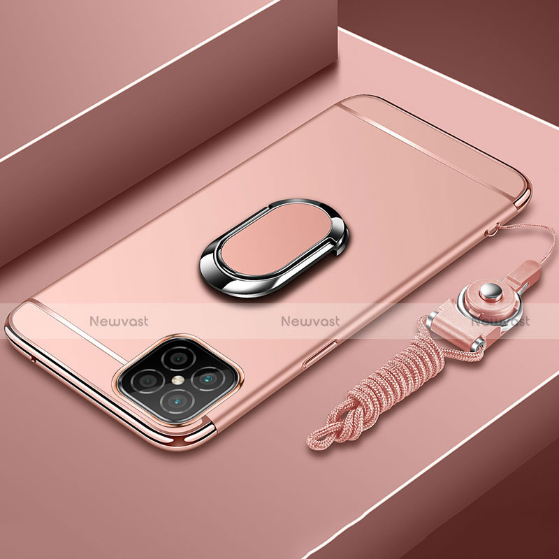 Luxury Metal Frame and Plastic Back Cover Case with Finger Ring Stand T01 for Huawei Nova 8 SE 5G Rose Gold