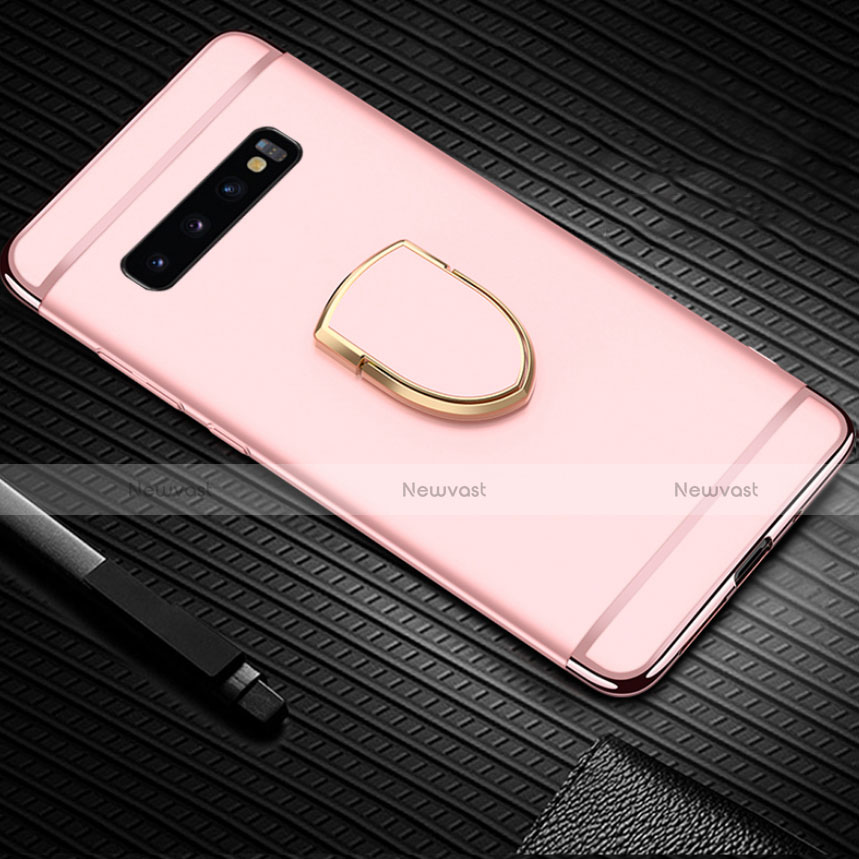 Luxury Metal Frame and Plastic Back Cover Case with Finger Ring Stand T01 for Samsung Galaxy S10 5G Rose Gold
