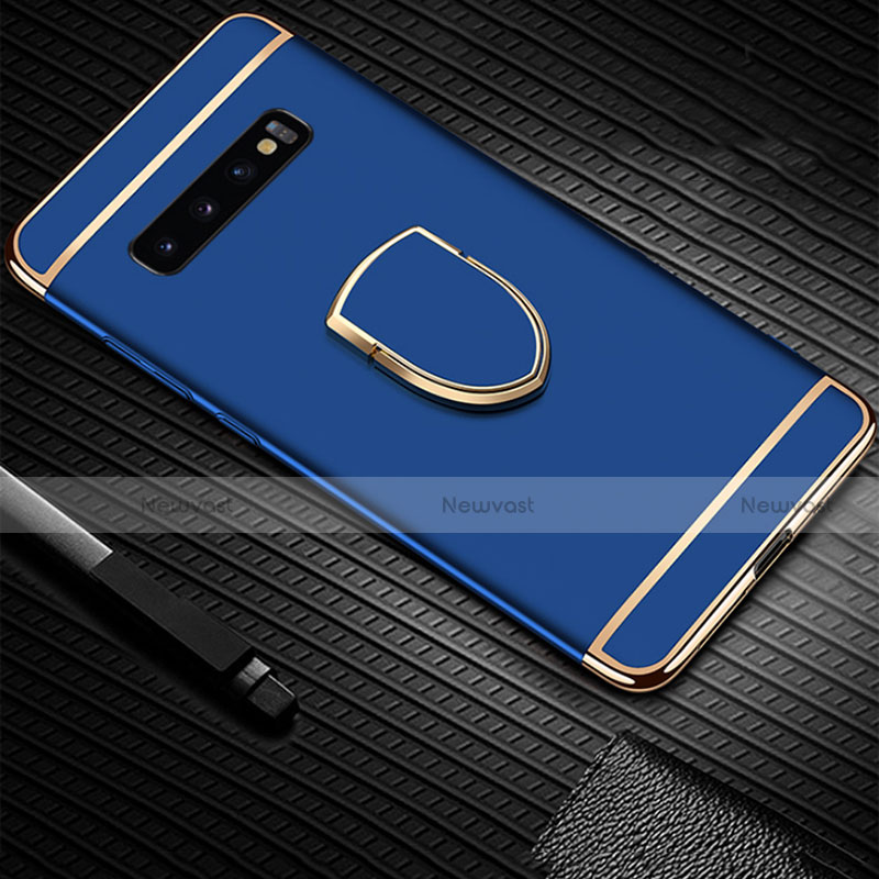 Luxury Metal Frame and Plastic Back Cover Case with Finger Ring Stand T01 for Samsung Galaxy S10 Plus Blue