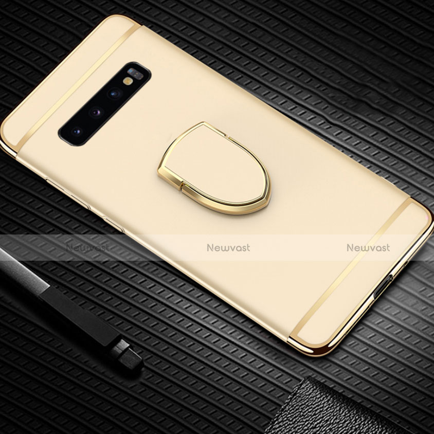 Luxury Metal Frame and Plastic Back Cover Case with Finger Ring Stand T01 for Samsung Galaxy S10 Plus Gold