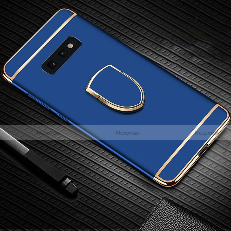 Luxury Metal Frame and Plastic Back Cover Case with Finger Ring Stand T01 for Samsung Galaxy S10e Blue