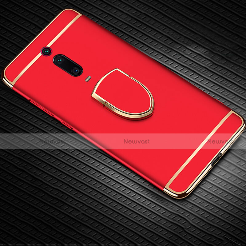 Luxury Metal Frame and Plastic Back Cover Case with Finger Ring Stand T01 for Xiaomi Mi 9T Pro Red