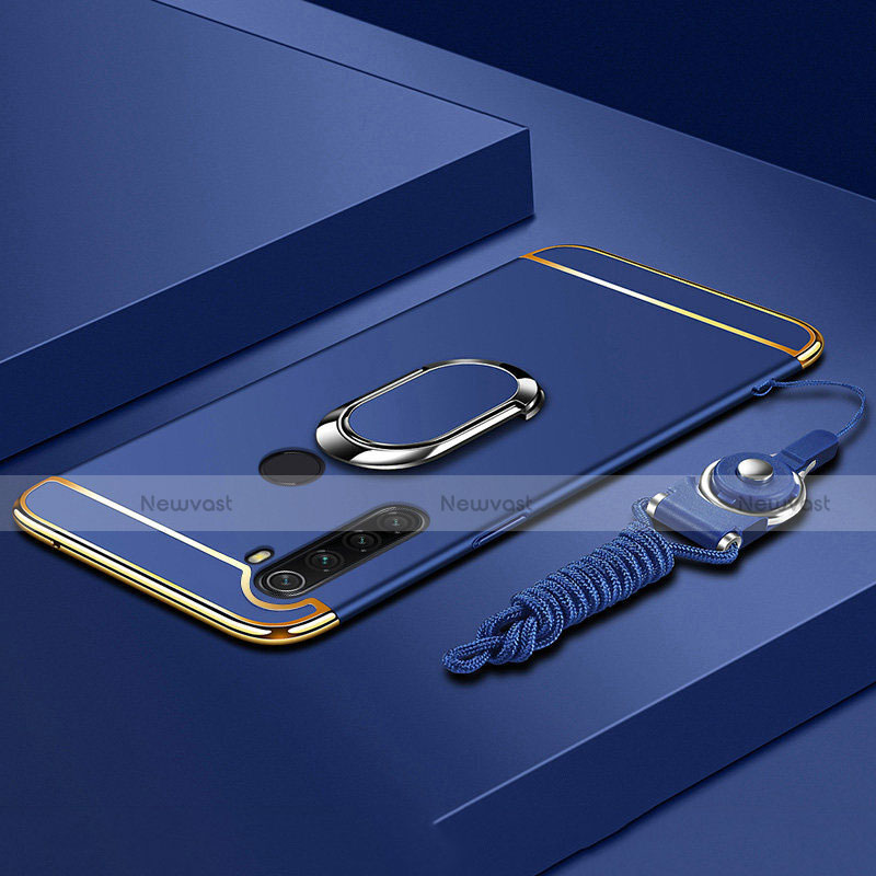 Luxury Metal Frame and Plastic Back Cover Case with Finger Ring Stand T01 for Xiaomi Redmi Note 8 (2021) Blue
