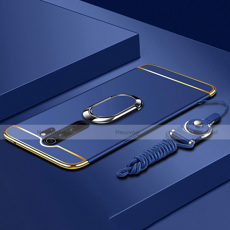 Luxury Metal Frame and Plastic Back Cover Case with Finger Ring Stand T01 for Xiaomi Redmi Note 8 Pro Blue