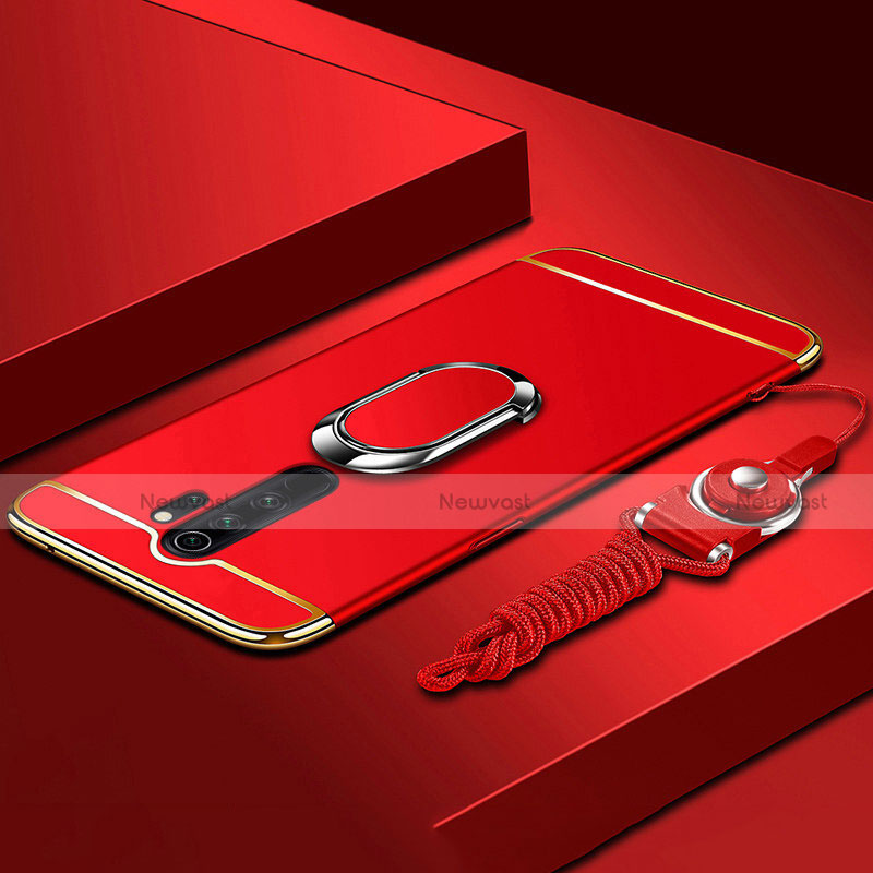 Luxury Metal Frame and Plastic Back Cover Case with Finger Ring Stand T01 for Xiaomi Redmi Note 8 Pro Red