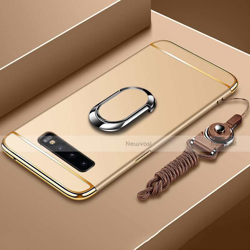 Luxury Metal Frame and Plastic Back Cover Case with Finger Ring Stand T02 for Samsung Galaxy S10 Gold