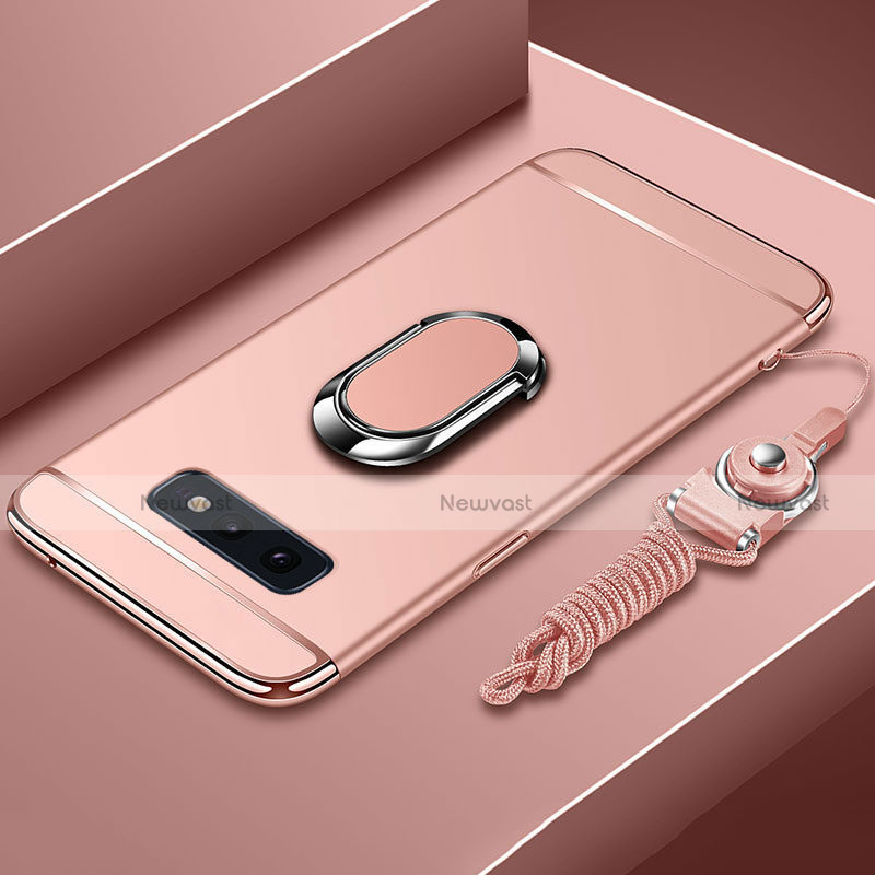Luxury Metal Frame and Plastic Back Cover Case with Finger Ring Stand T02 for Samsung Galaxy S10e Rose Gold