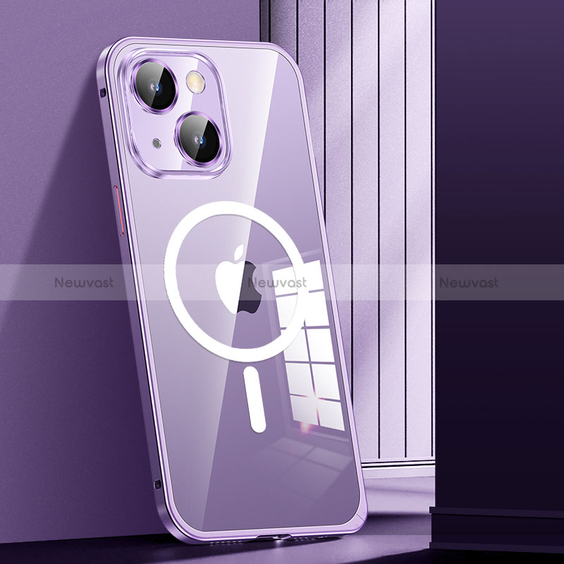 Luxury Metal Frame and Plastic Back Cover Case with Mag-Safe Magnetic JL1 for Apple iPhone 14 Plus Purple