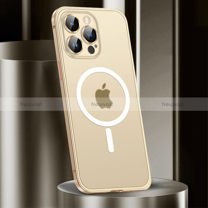 Luxury Metal Frame and Plastic Back Cover Case with Mag-Safe Magnetic JL2 for Apple iPhone 13 Pro Max Gold