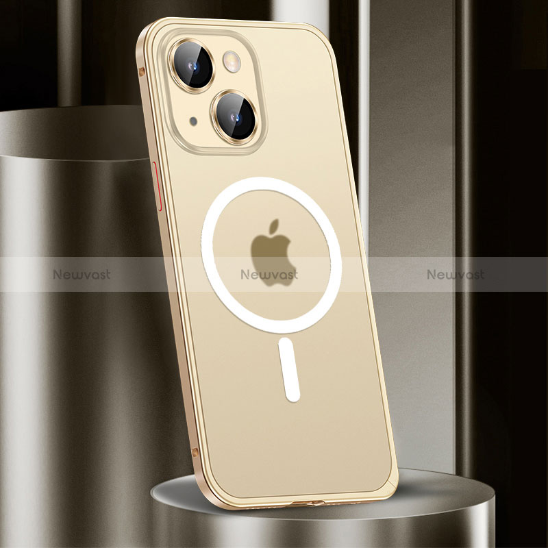 Luxury Metal Frame and Plastic Back Cover Case with Mag-Safe Magnetic JL2 for Apple iPhone 14 Plus Gold