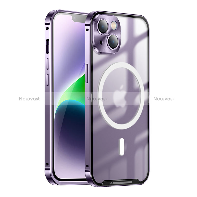 Luxury Metal Frame and Plastic Back Cover Case with Mag-Safe Magnetic LK1 for Apple iPhone 14 Plus Purple