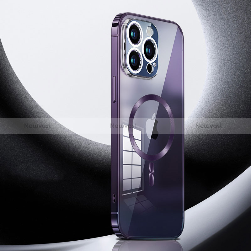 Luxury Metal Frame and Plastic Back Cover Case with Mag-Safe Magnetic LK3 for Apple iPhone 13 Pro Purple