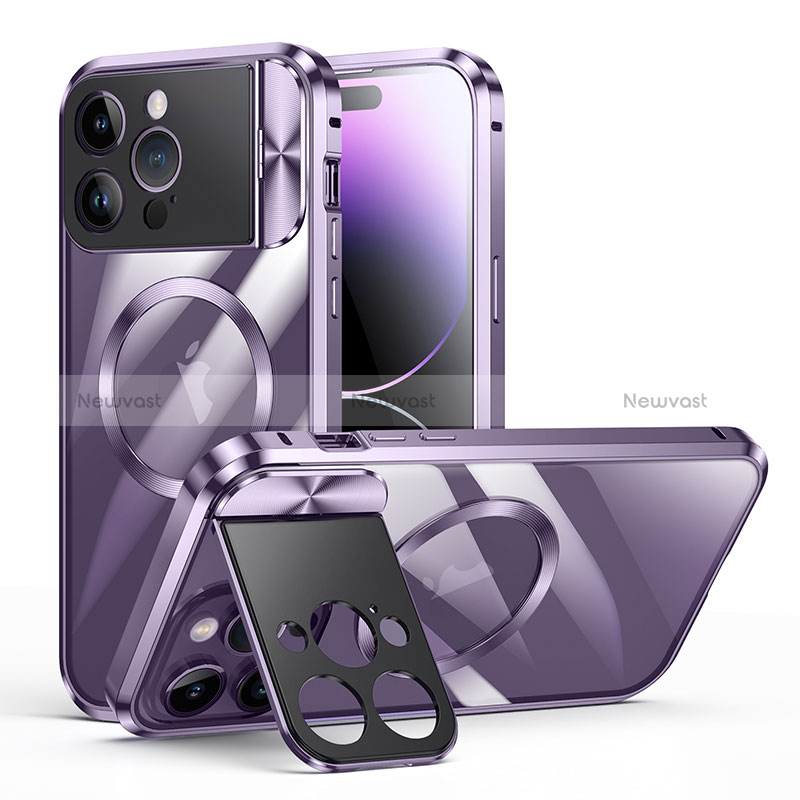 Luxury Metal Frame and Plastic Back Cover Case with Mag-Safe Magnetic LK4 for Apple iPhone 13 Pro Purple
