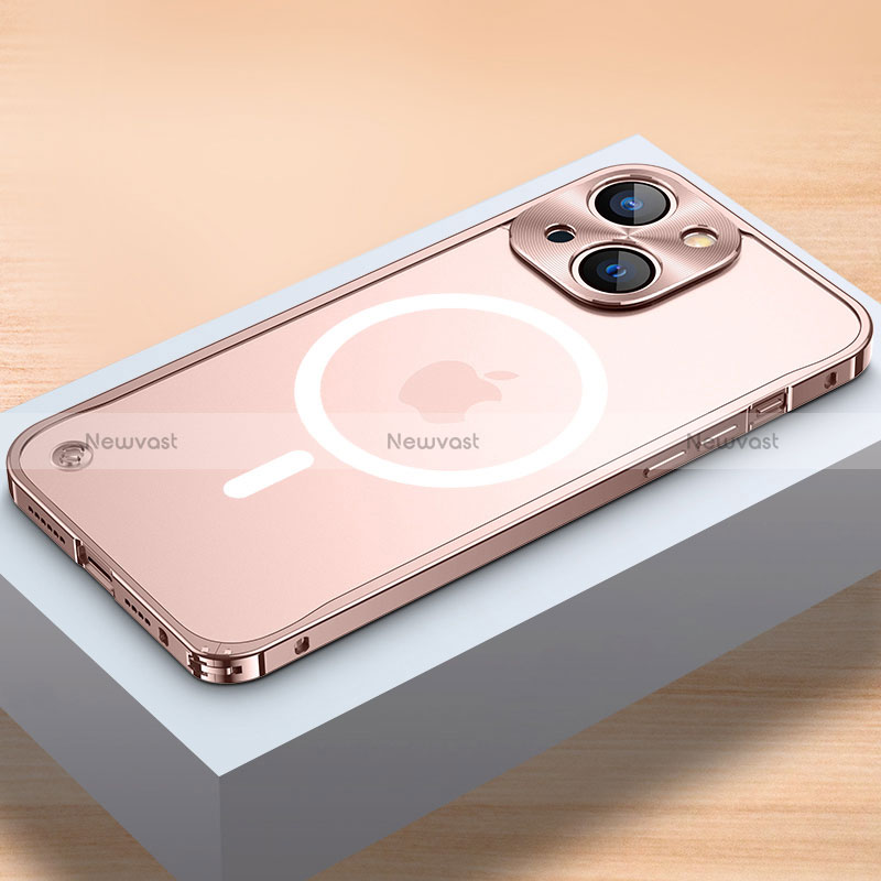 Luxury Metal Frame and Plastic Back Cover Case with Mag-Safe Magnetic QC1 for Apple iPhone 13 Rose Gold