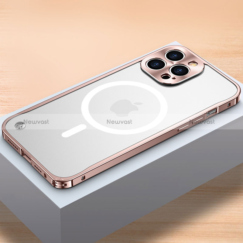 Luxury Metal Frame and Plastic Back Cover Case with Mag-Safe Magnetic QC1 for Apple iPhone 14 Pro Rose Gold