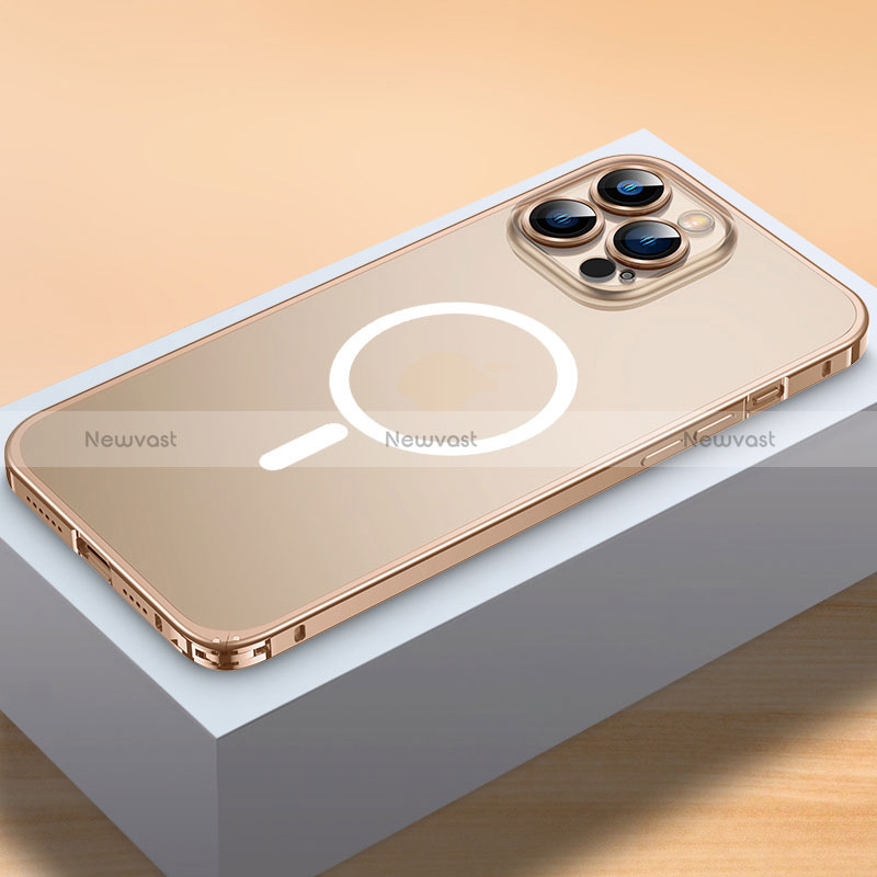 Luxury Metal Frame and Plastic Back Cover Case with Mag-Safe Magnetic QC2 for Apple iPhone 13 Pro Max Gold