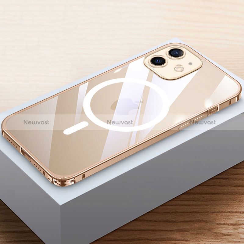 Luxury Metal Frame and Plastic Back Cover Case with Mag-Safe Magnetic QC4 for Apple iPhone 12 Gold