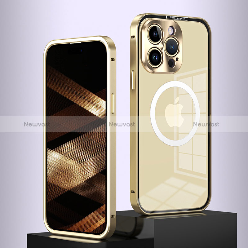 Luxury Metal Frame and Plastic Back Cover Case with Mag-Safe Magnetic QC5 for Apple iPhone 14 Pro Gold