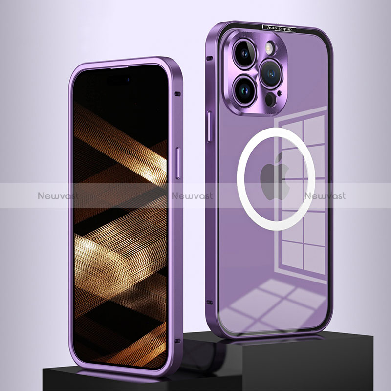 Luxury Metal Frame and Plastic Back Cover Case with Mag-Safe Magnetic QC5 for Apple iPhone 14 Pro Max Purple