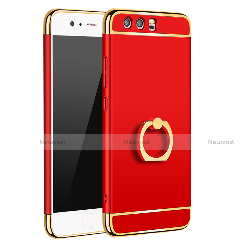 Luxury Metal Frame and Plastic Back Cover with Finger Ring Stand A01 for Huawei P10 Plus Red